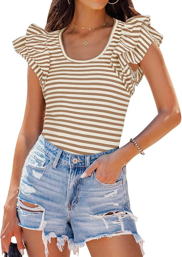 ZESICA Women's Ruffle Short Sleeve Striped T Shirts Summer Scoop Neck Slim Fitted Causal Basic Te... | Amazon (US)