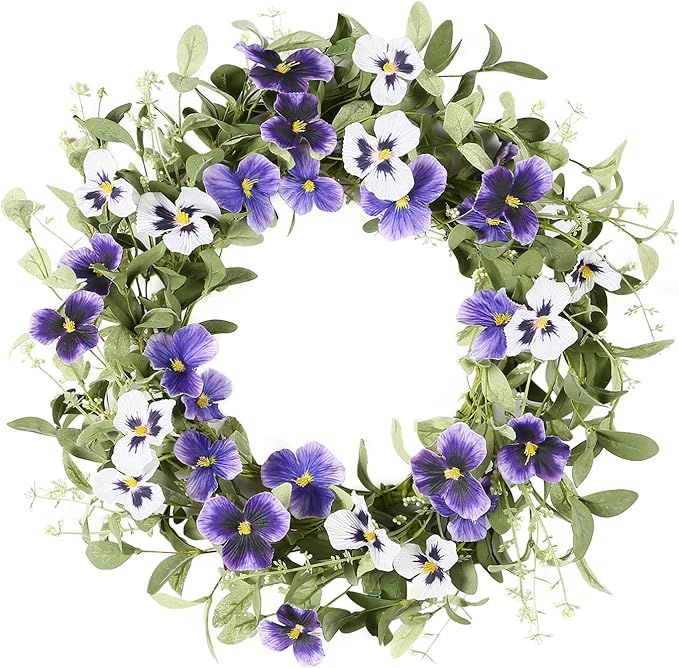 YNYLCHMX 18" Spring Door Wreath with Purple Pansy Flowers & Green Eucalyptus Leaves, Artificial F... | Amazon (US)