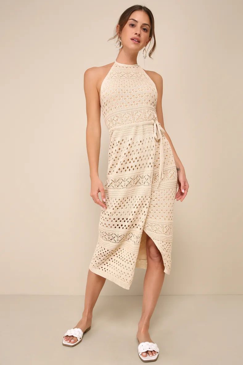 Blissful Strolls Beige Crochet Faux-Wrap Halter Midi Dress | Lulus