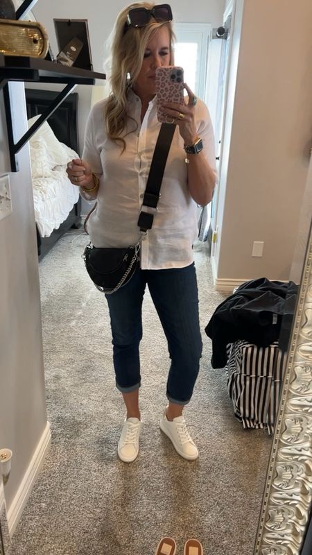 Chicos  wardrobe builders 
Perfect for Spring and Summer

Girlfriend jeans a great fit slimmer then a boyfriend jean but not a skinny
TTS

White linen button up tts

White tank top tts 

Leather tennis shoes

And chain detail crossbody bag

All fab pieces to mix and match all summer



#LTKtravel #LTKshoecrush #LTKstyletip