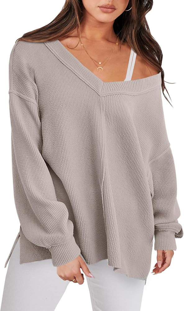 ANRABESS Women Long Sleeve Shirt V Neck Off Shoulder Oversized Sweatshirt Loose High Low Tunic To... | Amazon (US)