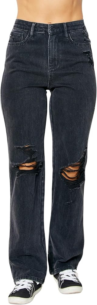 Judy Blue Women's High-Waist Rigid Magic 90's Destroyed Knee Straight-Leg Jeans | Amazon (US)