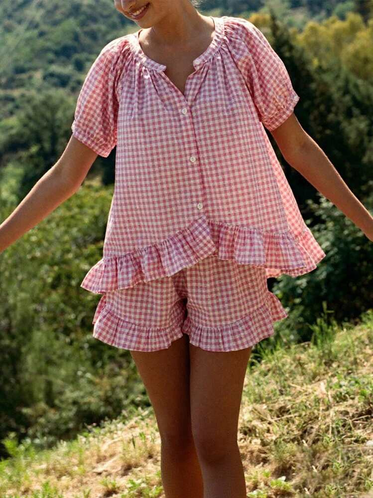 Women Plaid Set, Short Sleeve Ruffled Shirt With Elastic Waist Shorts Summer Outfit | SHEIN