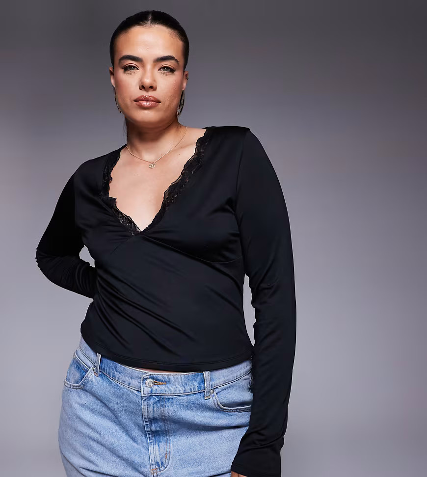 ASOS DESIGN Curve slinky long sleeve deep V-neck top with lace in black | ASOS (Global)