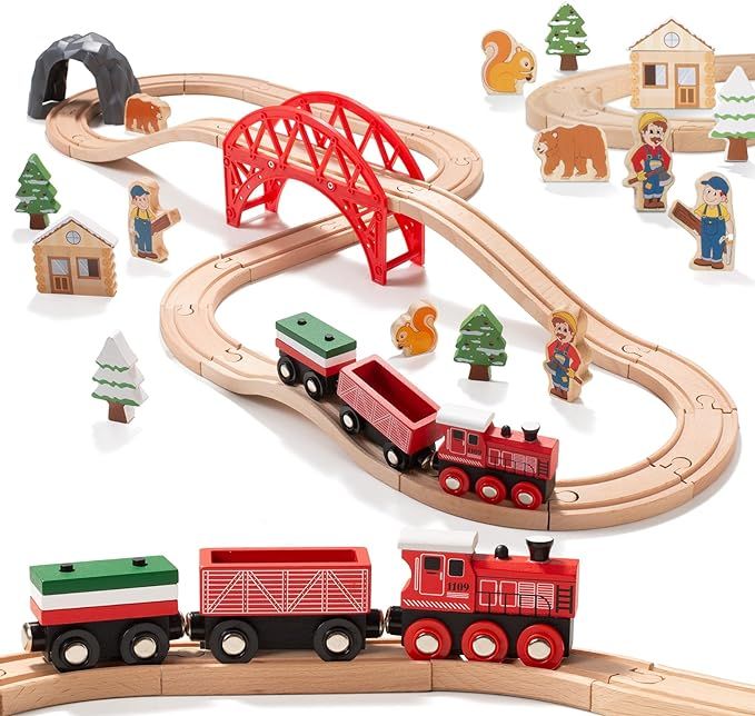 Giant bean Forest Theme Wooden Train Set for Toddler- 36PCS Expandable & Changeable Wooden Train ... | Amazon (US)