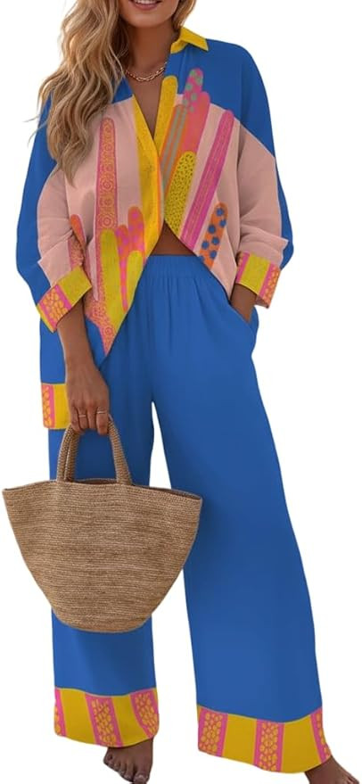 Women's 2-Piece Long Sleeve Shirt & Wide-Leg Pants Set Loose Print Outfit for Beach Vacation & Ca... | Amazon (US)