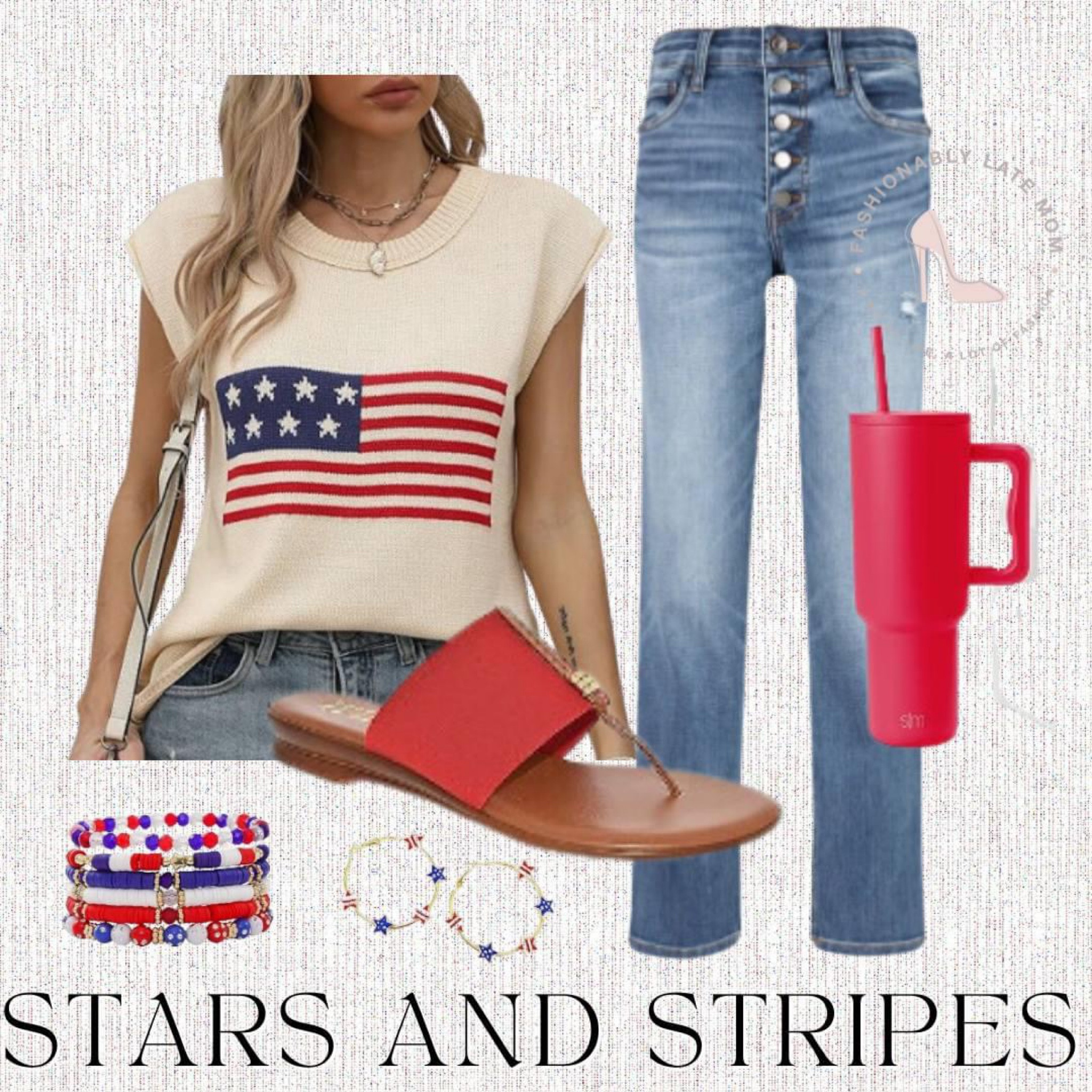 Stars and Stripes 
Fashionablylatemom 
Fashionably late mom 
Amazon Fashion 
Sandals 
Patriotic outfit
mom style
America
Americana
summer bbq
Jeand
Red white and blue shirt 
Bracelets 

