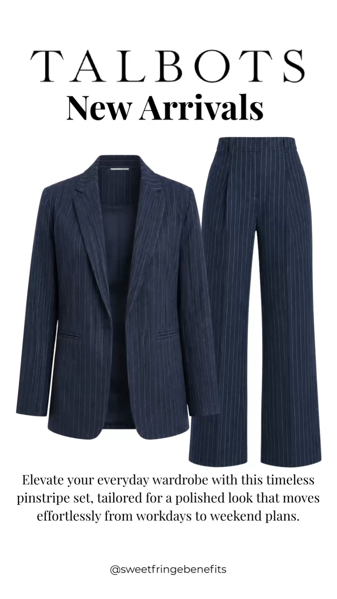 This Talbots pinstripe blazer and matching wide-leg pants are a timeless set you'll wear for years. Tailored, polished, and easy to style together or as separates for work, dinners, travel, and beyond.

💡 LTK MADE EASY
❤️ Heart = Support my posts!
🔖 Save = Get sale & restock alerts
📋 Lists = Keep favorites organized
📲 Share = Send lists and products to a friend. Hello, Christmas List!
💬 Comment = Ask me anything about what I'm wearing.:-)

#LTKootd #LTKOver40 #LTKWorkwear