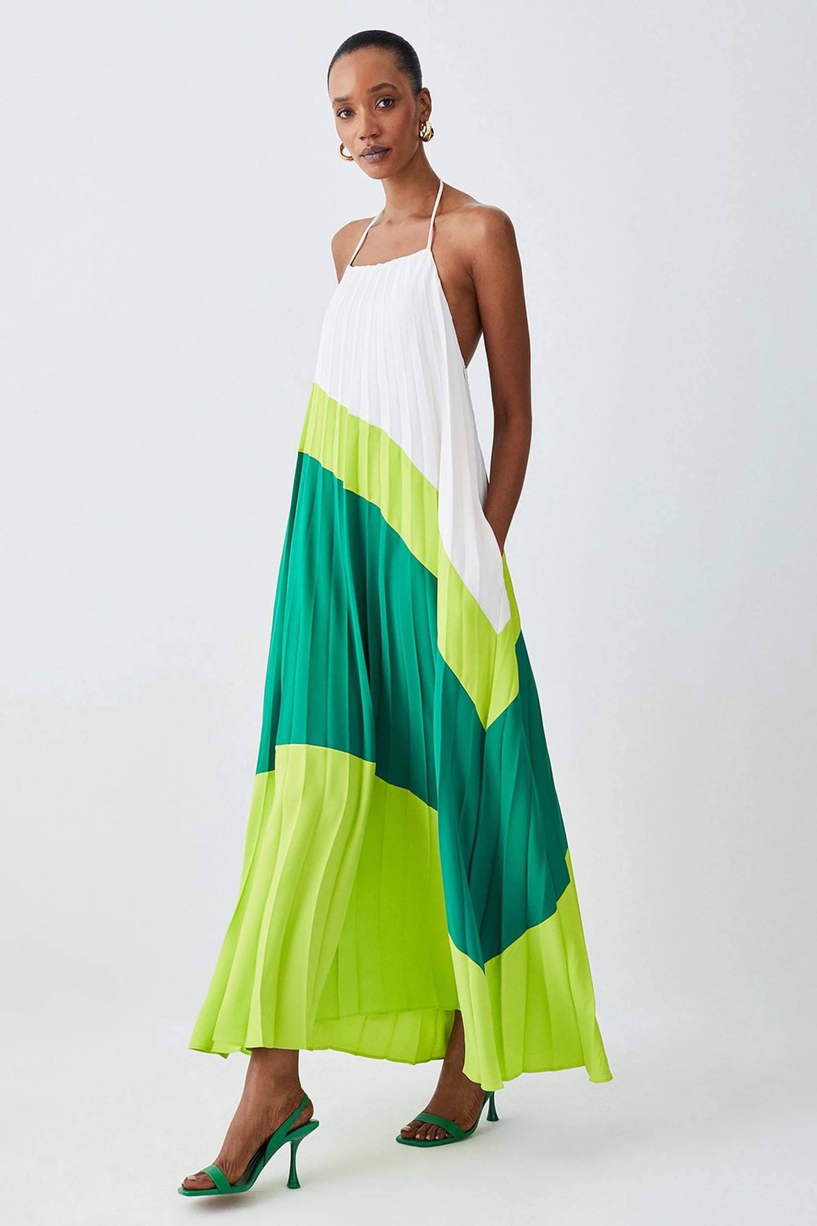 Petite Soft Pleated Halter Neck Maxi Dress | Karen Millen US