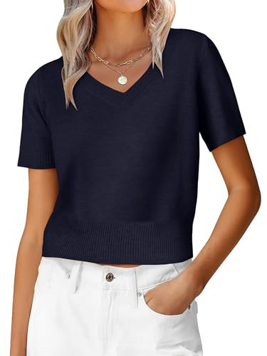 ANRABESS Womens Short Sleeve Sweaters Cropped V Neck Business Casual Lightweight Sweater Tops Summer Spring Clothes 2026 Navy Blue Medium | Amazon (US)
