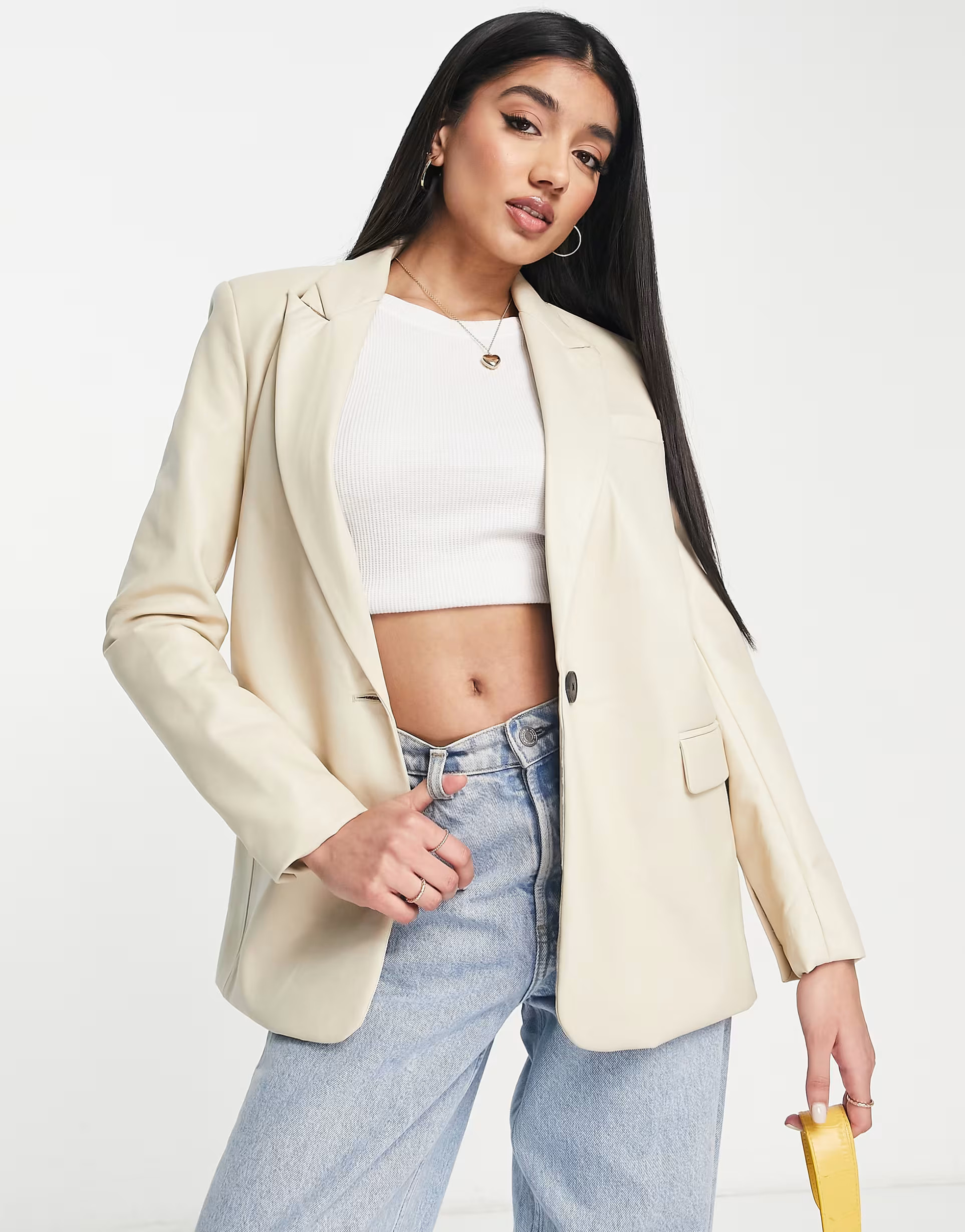 Stradivarius faux leather blazer in ecru | ASOS (Global)