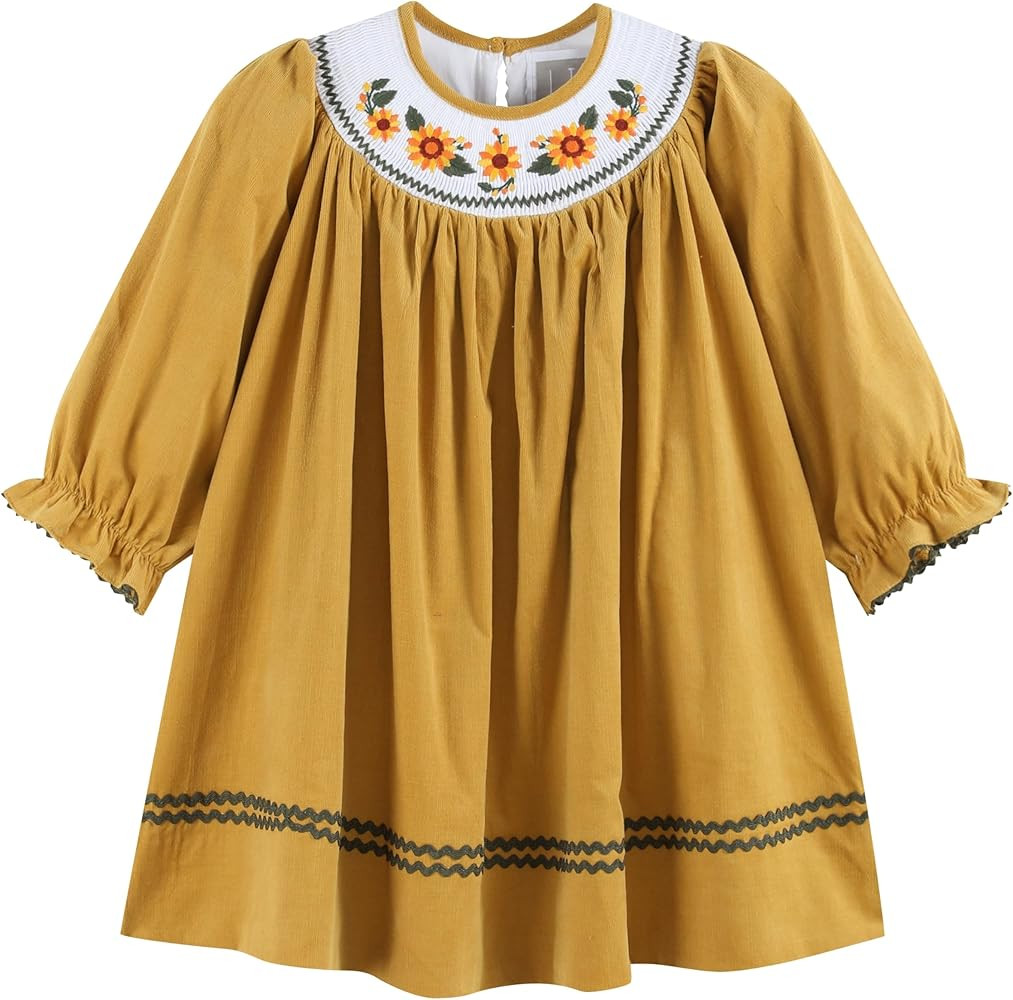 Lil cactus Gold Corduroy Sunflower Smocked Bishop Dress | Amazon (US)