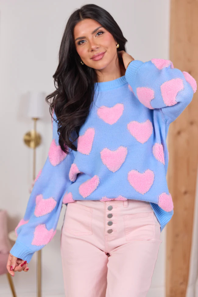 I'll Be There Blue and Pink Fuzzy Heart Sweater | Pink Lily