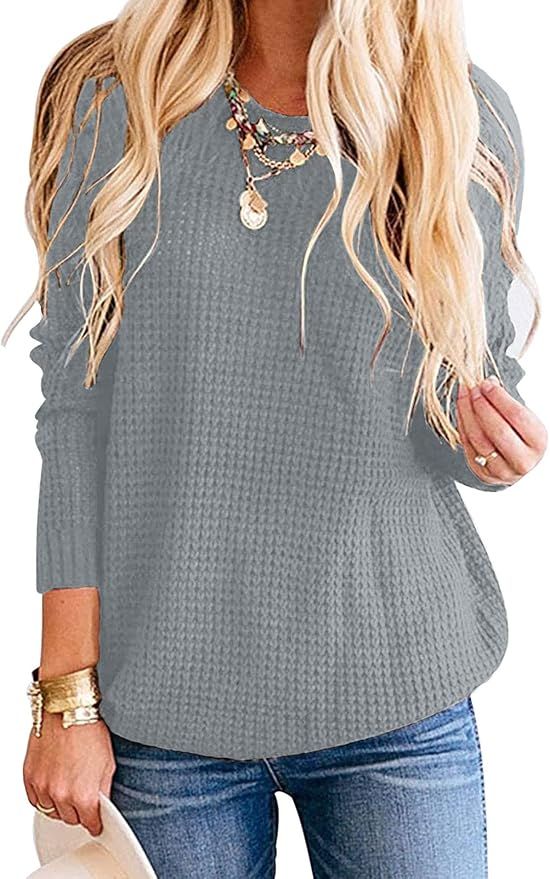 ZESICA Women's Long Sleeve Crew Neck Waffle Knit Casual Loose Oversized Pullover Sweater Jumper T... | Amazon (US)