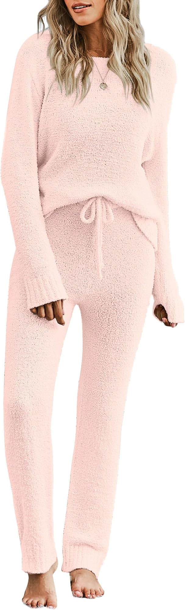 luvamia Women's Casual Pajama Set Fuzzy Fleece Knitted Long Sleeve Pj Loungewear | Amazon (US)