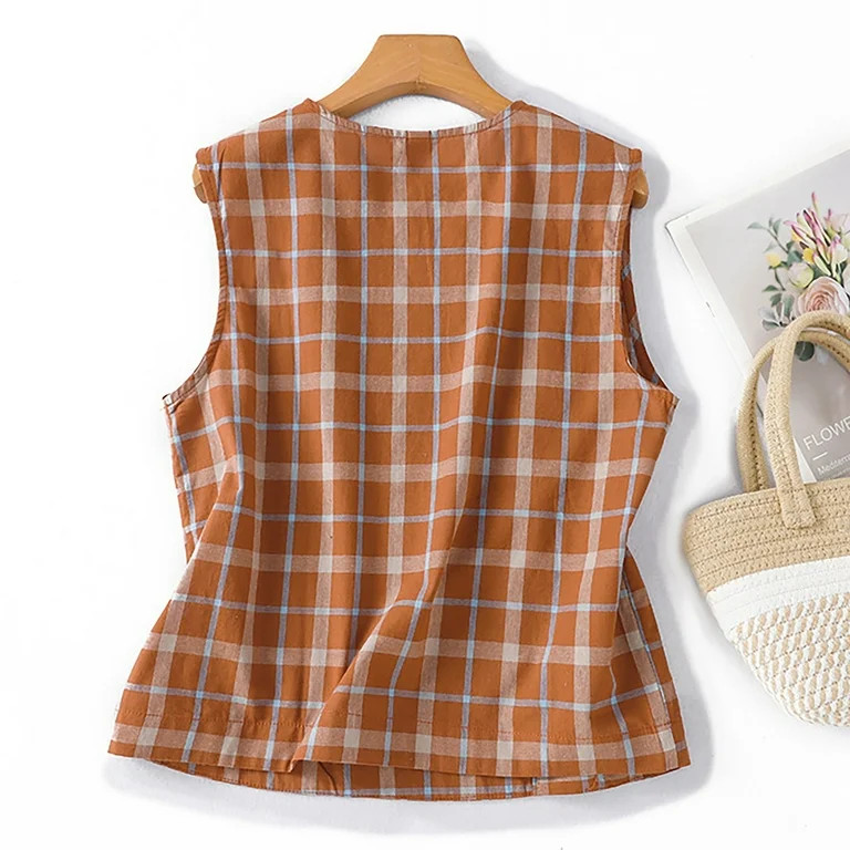 Women's Plaid Tank Tops Casual Sleeveless Side Button Down Crop Shirt | Walmart (US)