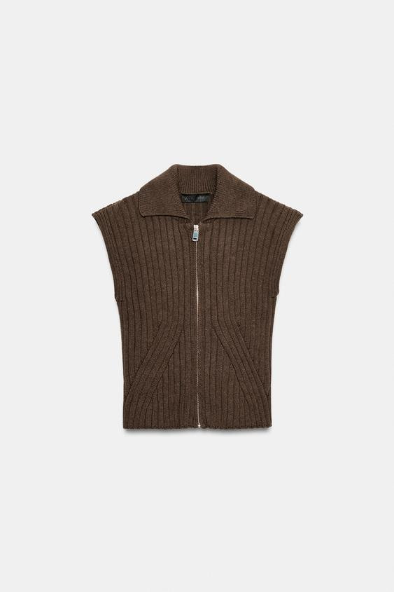 Zara - Rib Knit Waistcoat - Brown - L - Woman | Zara UK