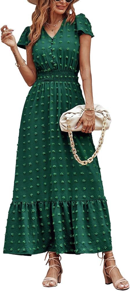 Women's Boho Dress Short Sleeve V Neck Swiss Dot Ruffle Tiered Maxi Dress Smocked Cocktail Dress | Amazon (US)