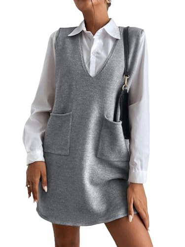 OYOANGLE Women's V Neck Sleeveless Knitted Solid Short Sweater Dress with Pockets | Amazon (US)