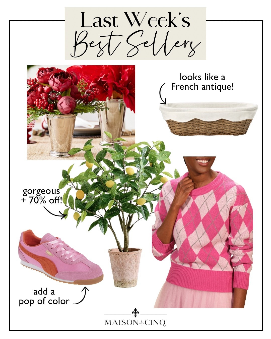 Last week’s best sellers include cute sweaters and sneakers for a pop of pink, the cutest lemon topiary 70% off, and more!!

Home decor, Valentine’s Day outfit, pink sweater, vase, Nancy Meyers, bread basket, kitchen decor 

#LTKValentine #LTKHome #LTKSaleAlert