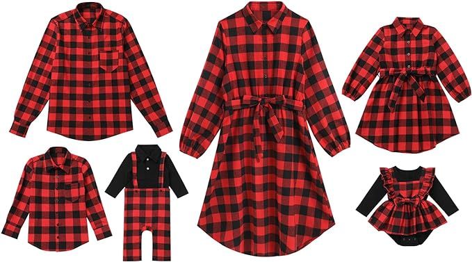 AWIBMK Family Matching Outfits Christmas Green Red Plaid Mommy and Me Dresses Fall Winter Xmas Fa... | Amazon (US)