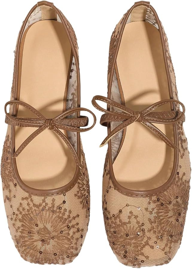 GORGLITTER Women's Lace Mesh Ballet Flats Trendy Square Closed Toe Maryjane Comfortable Ballerina... | Amazon (US)