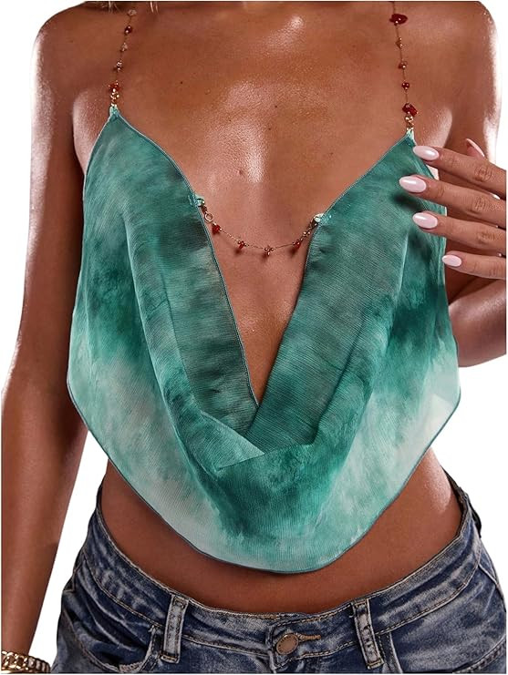 RoseSeek Women's Boho Floral Beaded Chain Camisole Top Backless Draped Neck Sleeveless Low Cut Cr... | Amazon (US)
