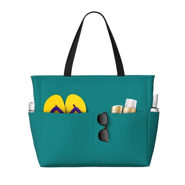 Qekee Teal Print Beach Bag, Waterproof Sandproof Beach Tote Bag, Large Capacity Foldable Beach Ba... | Walmart (US)