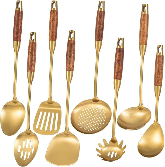 Gold Kitchen Utensils Set with Wooden Handle, 8 PCS Brass 304 Stainless Steel Cooking Utensil - S... | Amazon (US)