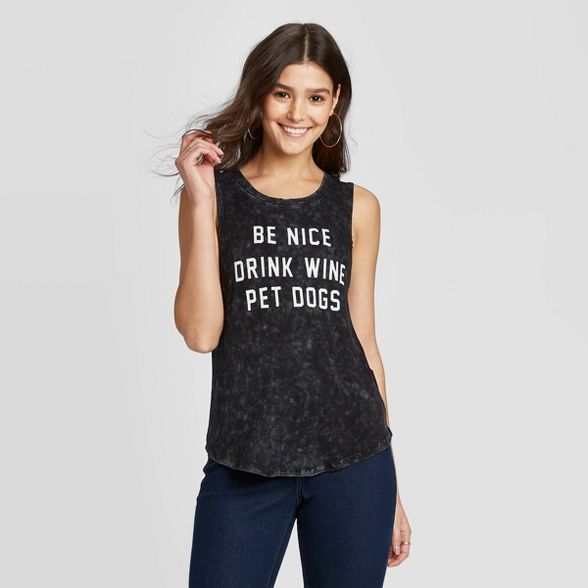 Women's Be Nice, Drink Wine, Pet Dogs Graphic Tank Top - Grayson Threads - Black | Target