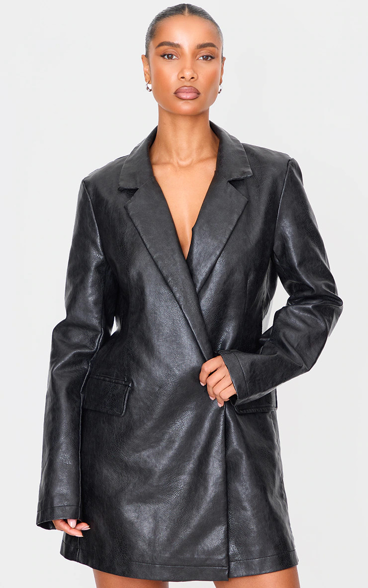 Black Structured Faux Leather Blazer Dress | PrettyLittleThing US