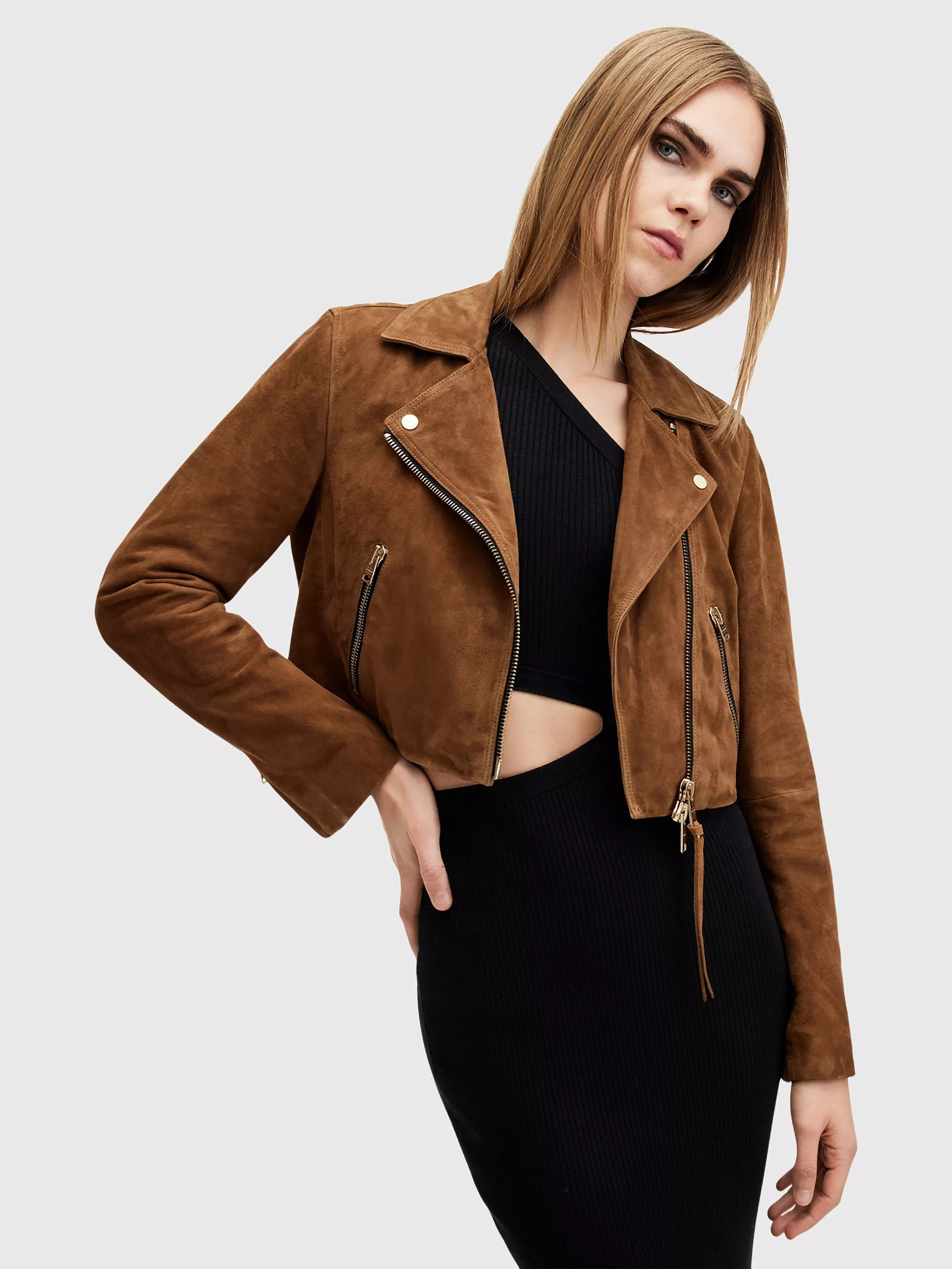 AllSaintsDalby Suede Biker Jacket, Sugar Brown | John Lewis (UK)