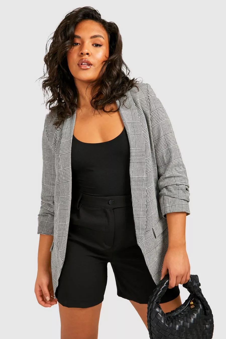 Plus Ruched Dogtooth Prince of Wales Check Blazer | Boohoo.com (UK & IE)