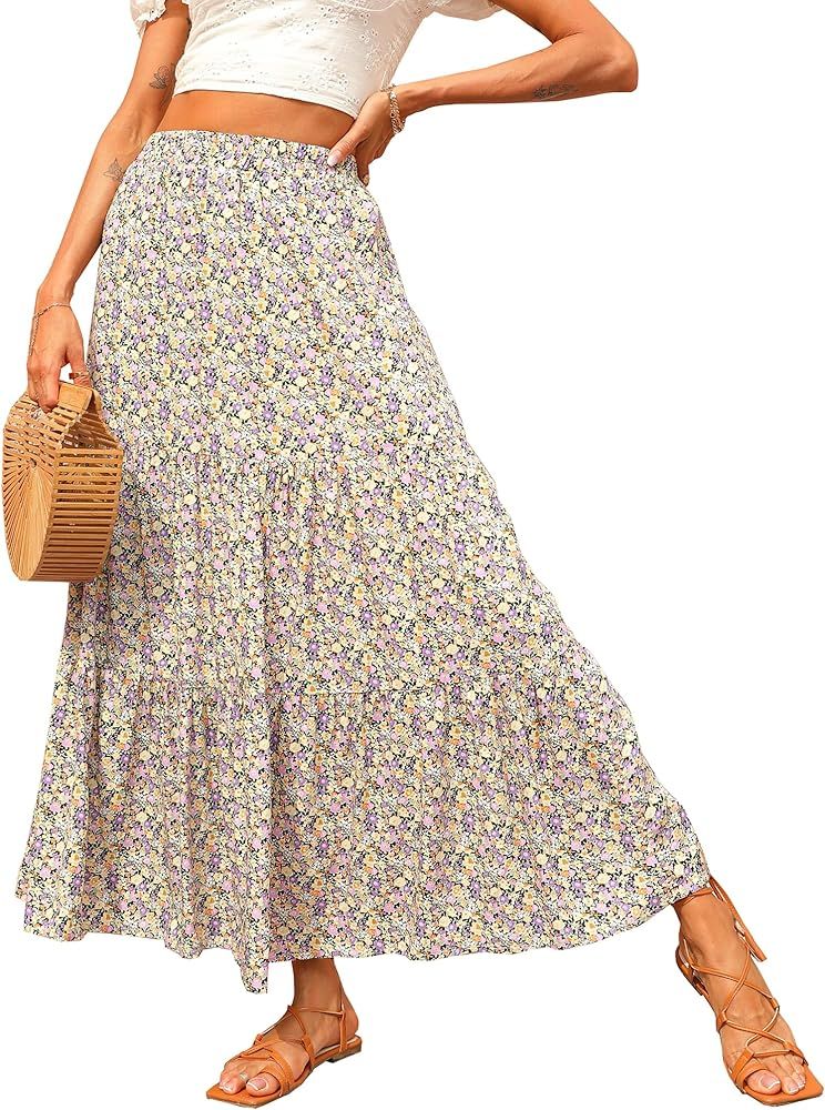 KIRUNDO Summer Women's High Waist Boho Floral Print Pleated Maxi Skirt Casual Flowy Swing A Line Chi | Amazon (US)