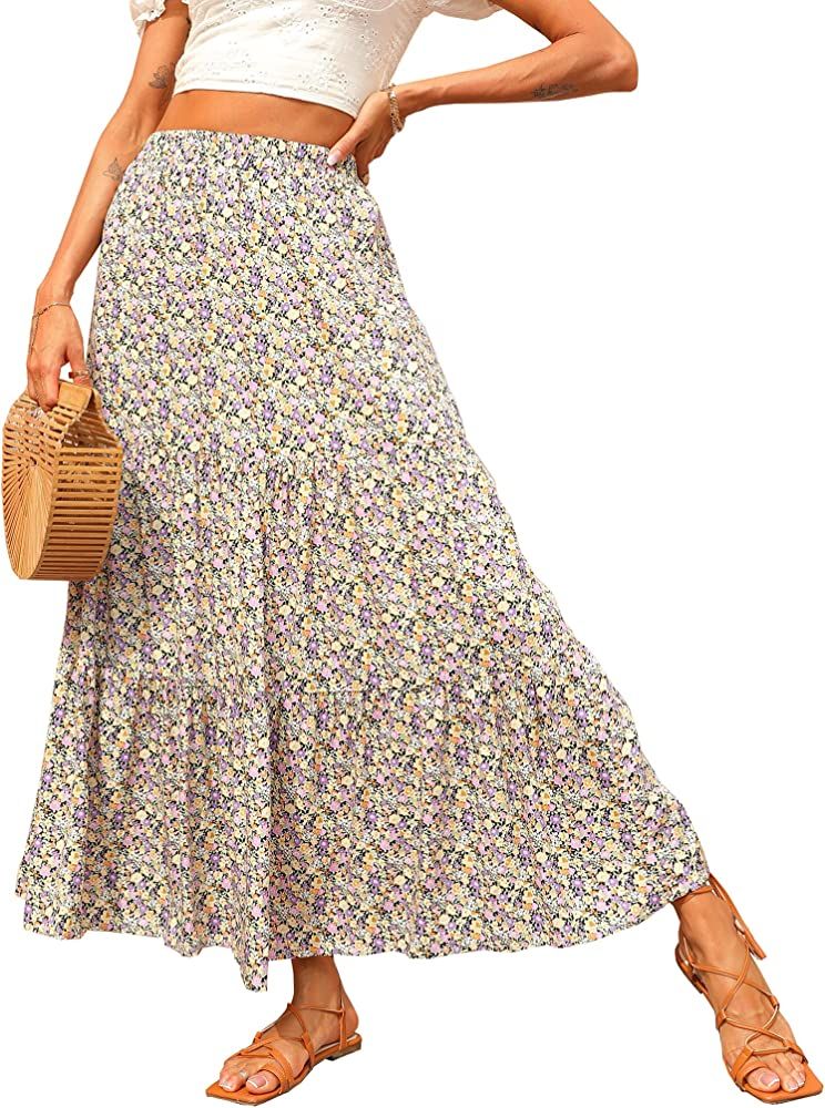 KIRUNDO 2023 Spring Summer Women's High Waist Boho Floral Maxi Skirt Casual Flowy Swing Pleated A... | Amazon (US)