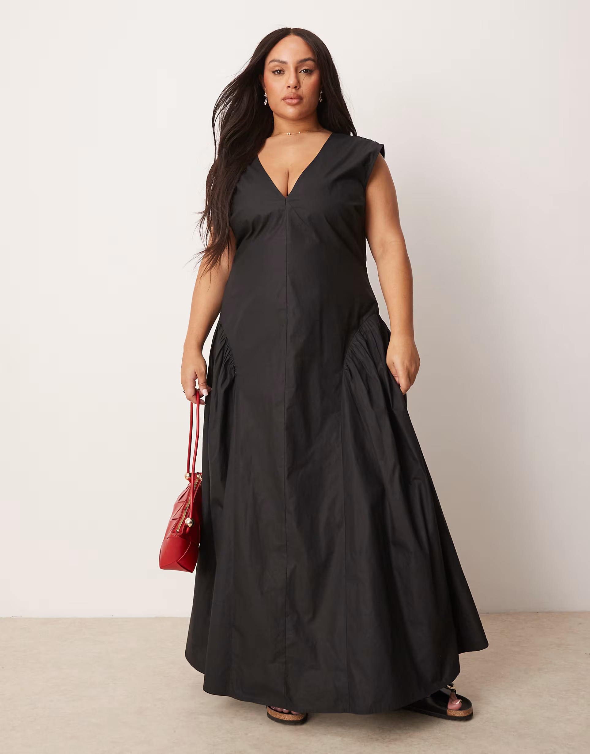 ASOS DESIGN Curve clean v neck midi dress with pleated godet hem in black | ASOS (Global)