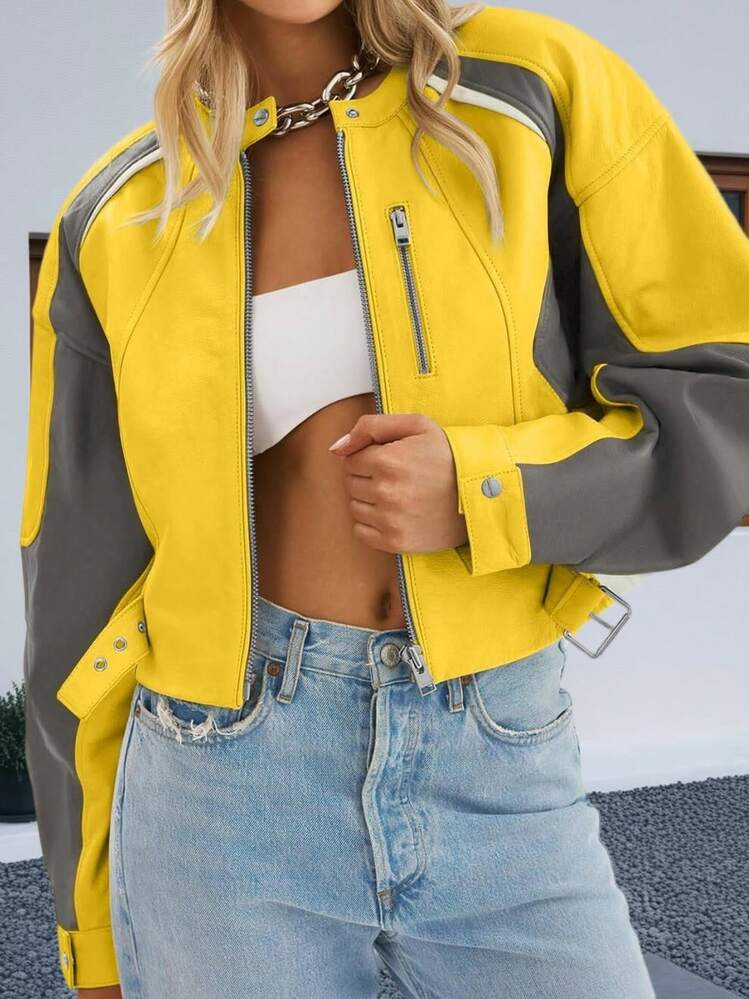 Womens Cropped Faux Leather Bomber Jacket Color Block Zip Up Moto Biker Coat | SHEIN