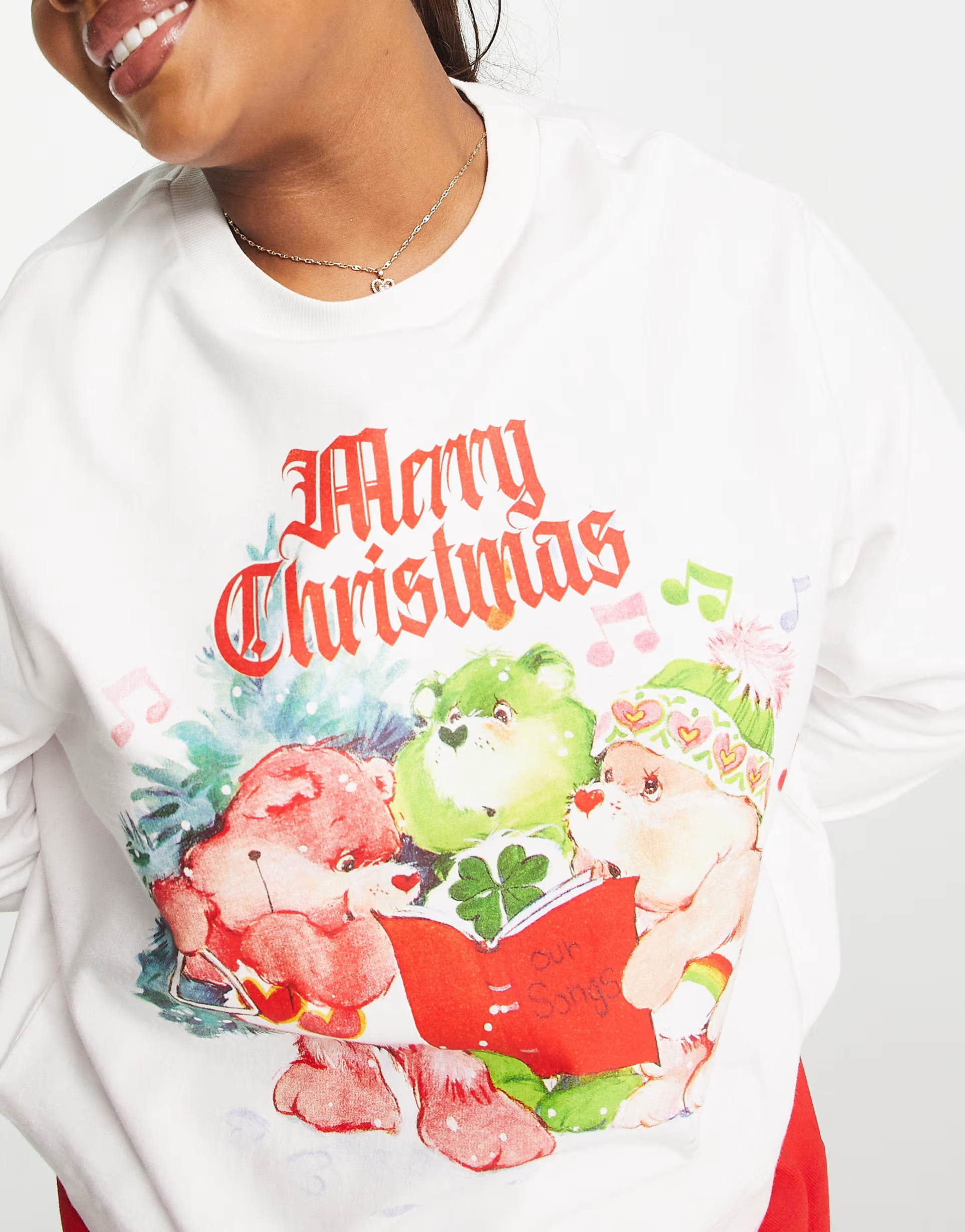 ASOS DESIGN Curve Christmas Care Bears carols sweat & short pajama set in white & red | ASOS (Global)