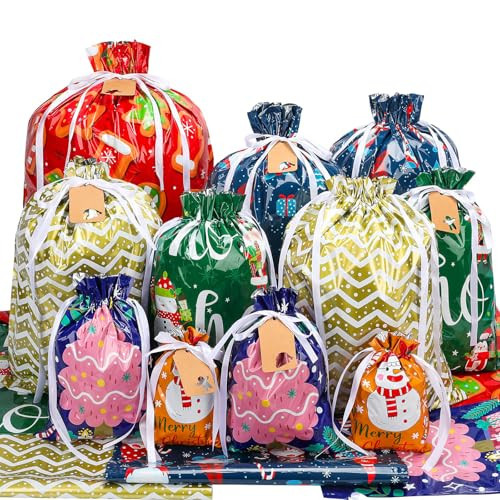 40 Pack Drawstring Christmas Gift Bags Assorted Sizes, Reusable Holiday Wrapping Bags for Presents, Plastic Xmas Gift Bag with Drawstring - Extra-Large, Large, Medium, Small Christmas Bags for Gifts | Amazon (US)