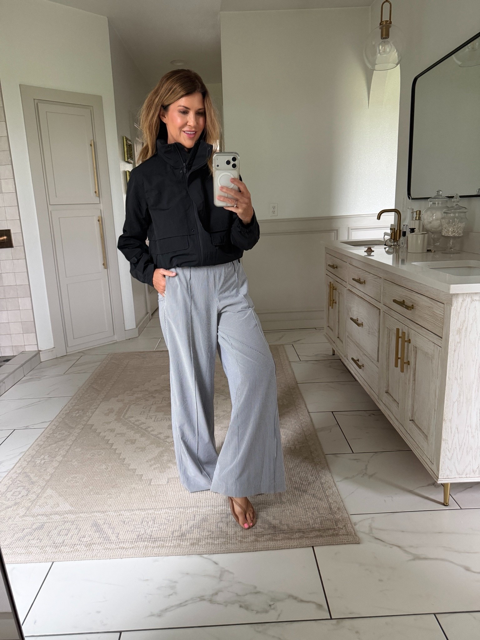 Size small in 31” length pants
Size 6 jacket

#LTKOver40 #LTKootd