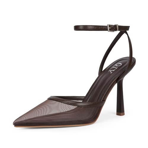 QIY Mesh Heels for Women Closed Toe Pointed Toe Pointy Heel Slingback Kitten Stiletto Ankle Strap Brown Chocolate Heels Dress Shoes Brown Pumps Size 7.5 | Amazon (US)