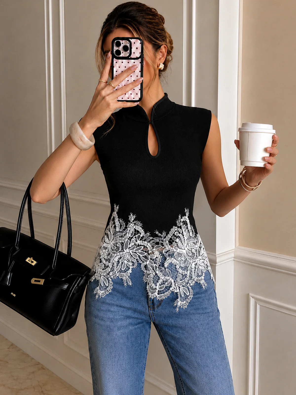 Keyhole Neck Lace Hem Tank Top | Commense