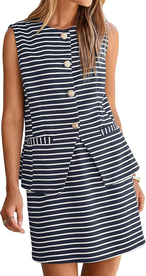 Simplee Women's Summer 2 Piece Outfits 2026 Striped Sleeveless Matching Sets Button Down Vest Wai... | Amazon (US)