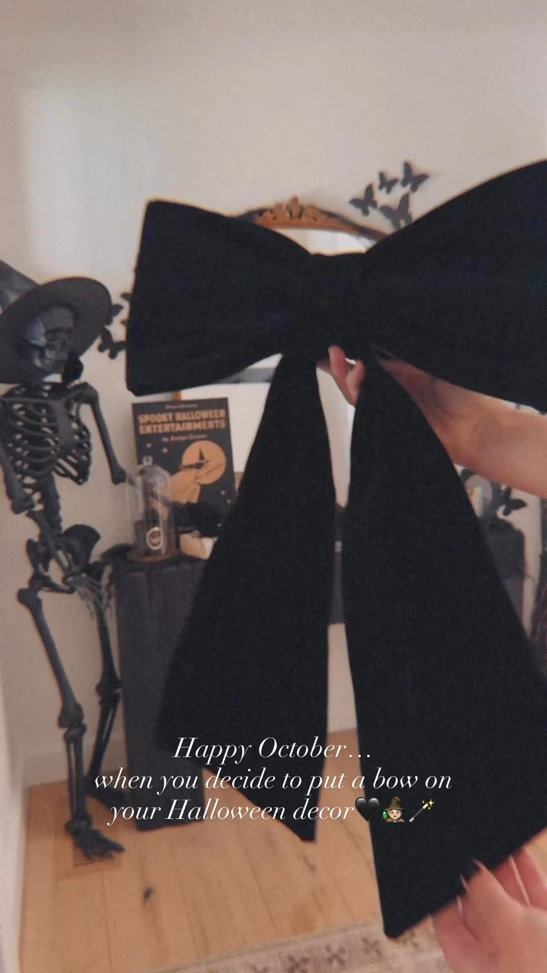 Happy October!🧙🏻‍♀️🕷️💀🪄When you decide to put a giant velvet bow on your Halloween decor🖤🖤 Viola!!🪄 A festive Target find - only $12!! Styled this space with classic spooky decor favorites: candelabra, skulls, crystals, signs, black skeleton, creepy fabric and butterflies!✨ 

Entry
Console table
Home
Decor 

#LTKFindsUnder50 #LTKHalloween #LTKHome