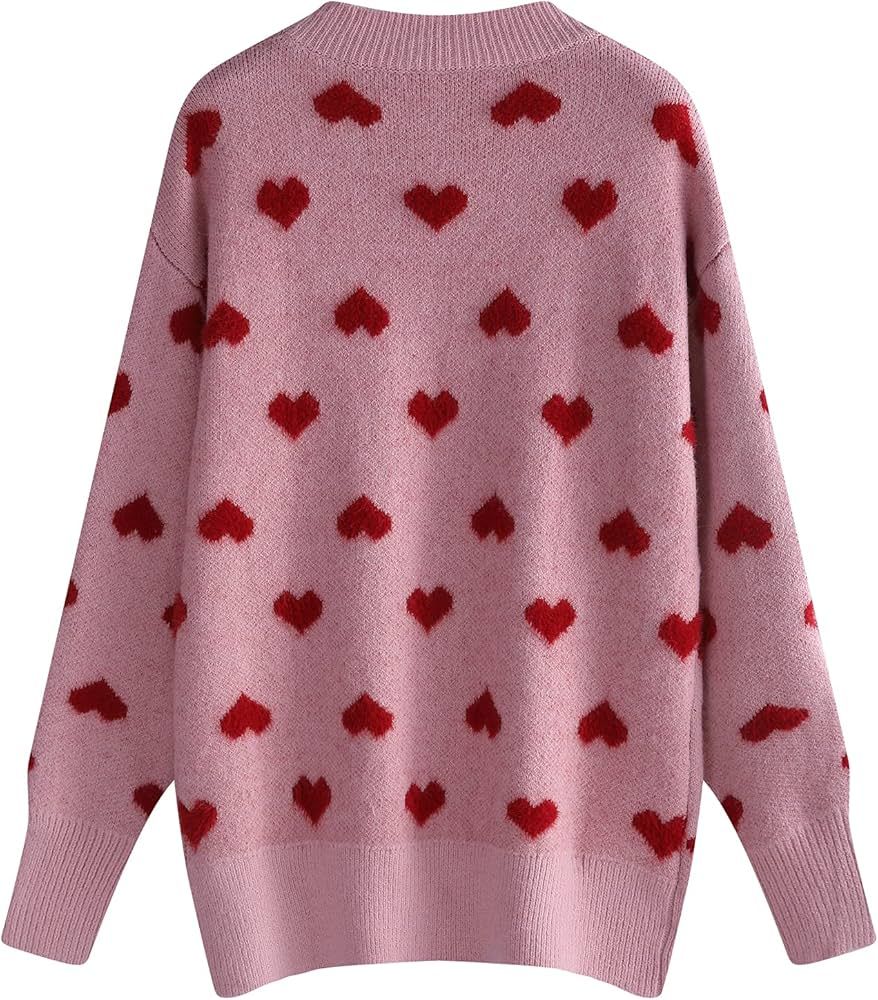 Arssm Women's Heart Print Sweater Casual Loose Crew Neck Long Sleeve Cute Pullover Knitted Sweater | Amazon (US)