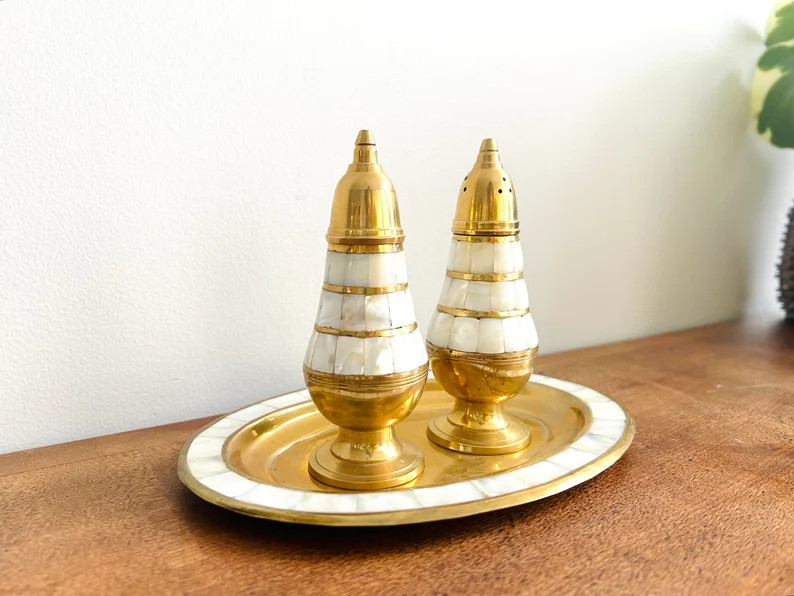 Elegant Set of Vintage Brass and Mother of Pearl Salt and Pepper Shakers With Brass Tray - Etsy | Etsy (US)