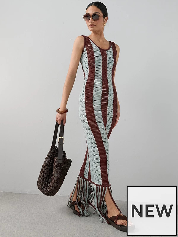 The Very Collection Cotton Rich Fringe Crochet Maxi Dress - Blue/chocolate | Very (UK)
