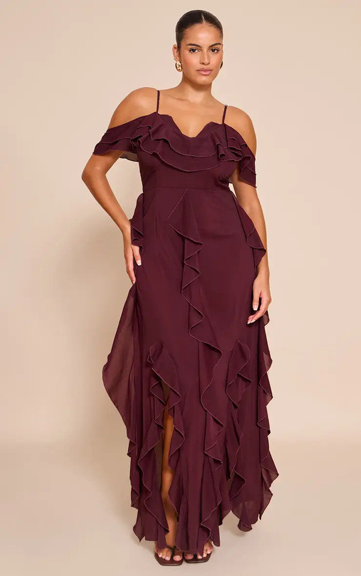 Plum Cold Shoulder Ruffle Detail Strappy Maxi Dress | PrettyLittleThing USA | PrettyLittleThing US