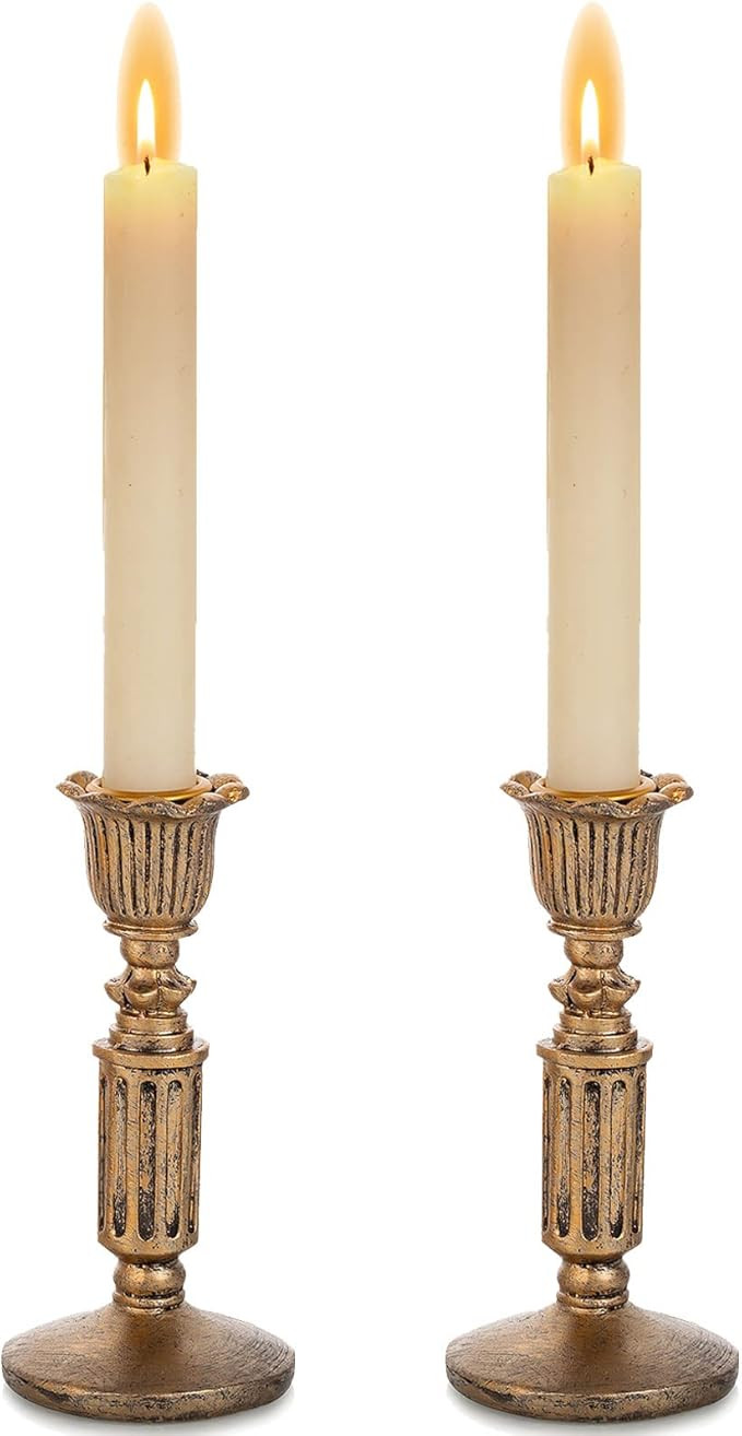 Vintage Candlestick Candle Holder for Taper - Distressed Bronze PolyResin Antique Candleholder Se... | Amazon (US)