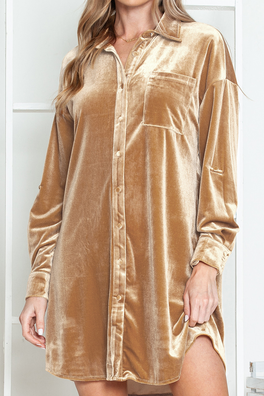 Flaxen Velvet Button Front Shirt Mini Dress | Shewin